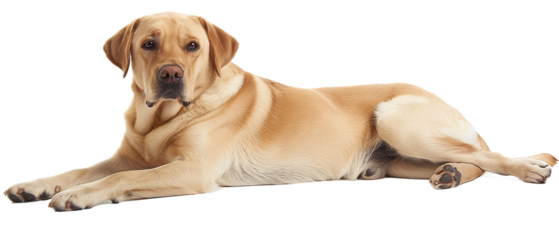 A cute purebred golden retriever puppy sitting isolated on a transparent background, this happy domestic canine mammal is an isolated studio portrait of a yellow lab pet