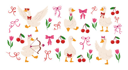Romantic geese vector illustration set with cute goose characters, bows, flowers and cherries, lovely flat elements for valentines, cards, stickers, packaging, patterns and nursery designs © Ekaterina_Balashova