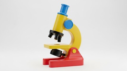 A red yellow and blue microscope set against a solid light gray background