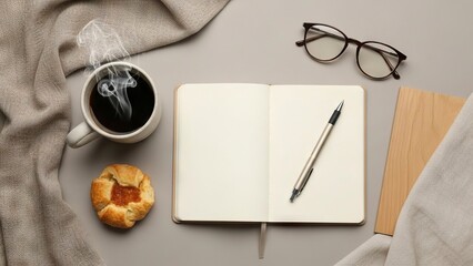 Gray desk a coffee cup a pastry an open notebook with a pen glasses and a wooden pad