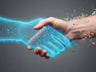 Digital handshake between a human hand and a glowing blue wireframe hand