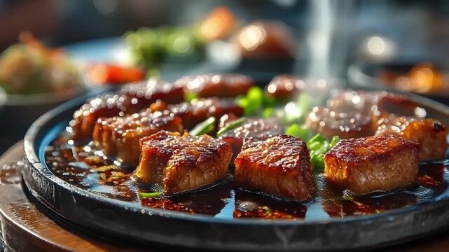 Sizzling Meat Dish Served on Hot Plate with Steamed Vegetables
