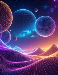 Digital cosmic landscape featuring glowing orbs, terrain, and vibrant colors