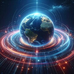 Digital Earth surrounded by energy rings in space
