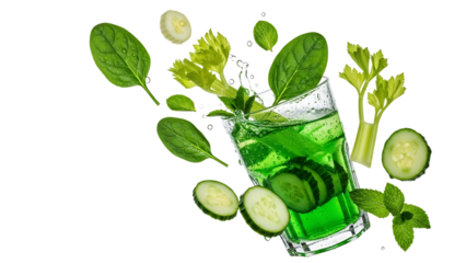 Invigorating green juice splash with fresh cucumber, spinach, celery, and mint for a refreshing wellness boost.