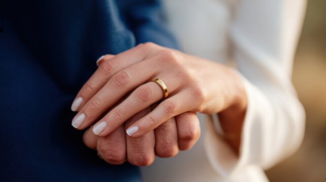 Interlocked hands showcasing simple gold wedding ring in soft daylight