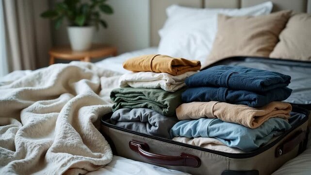 Neatly folded clothes stacked inside an open suitcase on a bed. Packing luggage for a summer vacation or weekend trip in a cozy bedroom. Travel preparation and organization concept