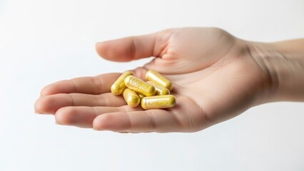 Fototapeta premium Hand holding yellow pills with clear capsules granular contents against a white background