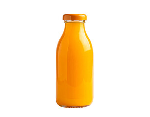 A vibrant orange beverage fills a clear glass bottle with an orange cap