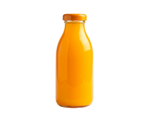 A vibrant orange beverage fills a clear glass bottle with an orange cap