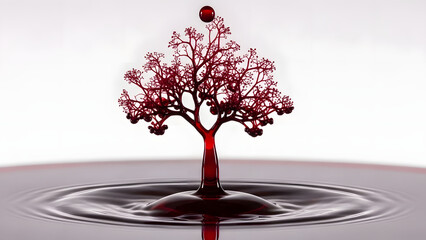 Water drop splash forming tree shape, red liquid, ripple effect on water surface, high speed photography, abstract art, science experiment