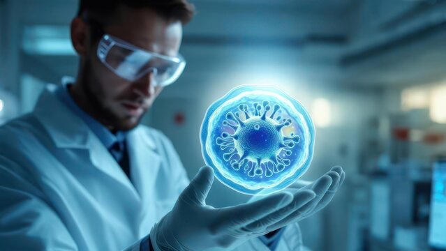 Scientist holds a 3D virus model in a lab - Powered by Adobe