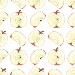 Illustration of an apple, slice, and half, hand-drawn watercolor fruit seamless pattern. Ripe realistic seasonal fruit.