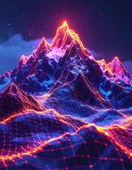 Digital rendering of a vibrant, neon-lit mountain range