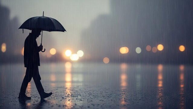 A silhouetted figure walks under an umbrella in the rain with blurred lights in the background