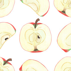 Illustration of an apple, slice, and half, hand-drawn watercolor fruit seamless pattern. Ripe realistic seasonal fruit.