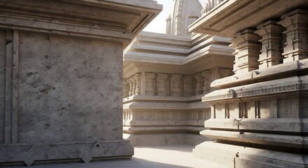 Detailed view of ancient stone temple architecture with intricate carvings and stacked layers.
