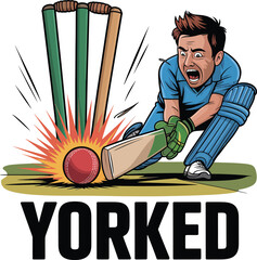YORKED Moment Vector: Surprised Cricket Batsman Reacts to Explosive Ball Impact Near Stumps in Dramatic Match Scene.