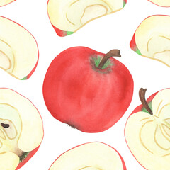 Illustration of an apple, slice, and half, hand-drawn watercolor fruit seamless pattern. Ripe realistic seasonal fruit.