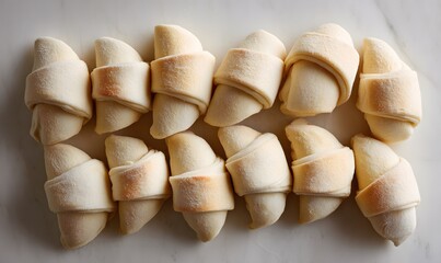 neatly arranged and lined up small crescent rolls, each rolled in white dough with the corners folded back to form an opening at one end