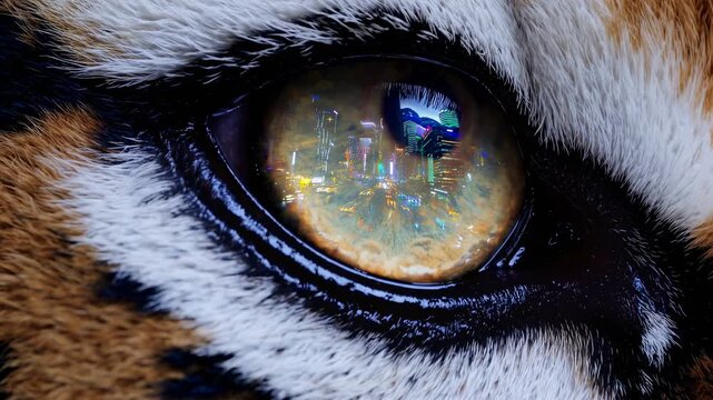 Close-up of a tiger's eye reflecting a vibrant cityscape at night. Captured from a macro angle, blending wildlife with urban video aesthetics. Live desktop wallpaper.