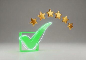 Green neon check mark icon with five gold stars for rating and quality assurance.
