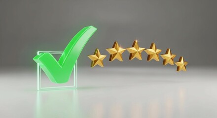 Green neon check mark icon with five gold stars for rating and quality assurance.