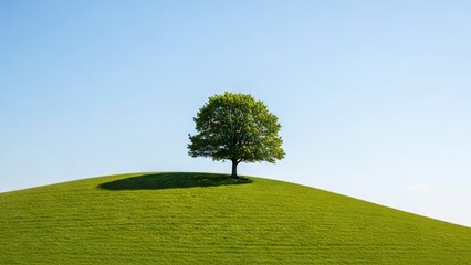 A solitary tree stands on a green hill against a bright blue sky