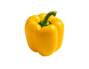 A vibrant yellow bell pepper, fresh and glossy, on a stark black background