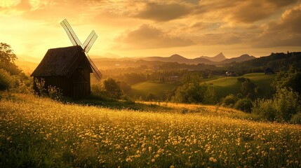 21.Picturesque spring landscape with a golden sunrise casting warm light over a lush meadow, a wooden windmill turning gently in the breeze, and distant mountains in the background.