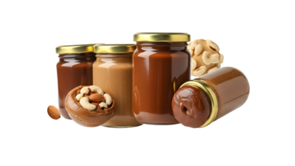 Rich assortment of velvety nut spreads in chic glass jars, accompanied by fresh whole cashews and almonds, all beautifully arranged on a pure white