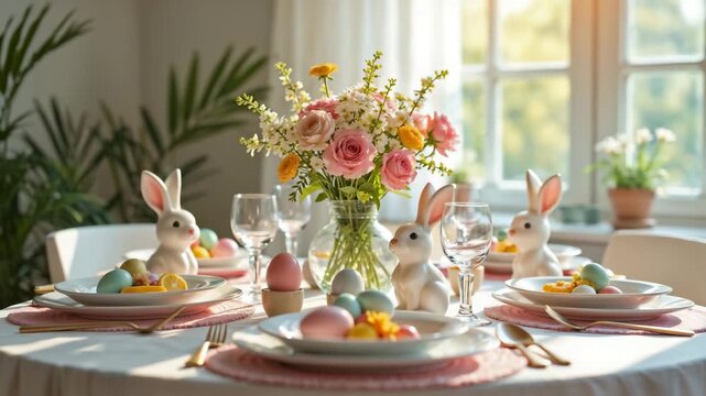 Easter table setting with ceramic bunnies and pastel eggs. Festive dining arrangement with spring flowers and gold cutlery in sunlight. Holiday brunch concept
