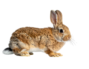A brown rabbit with long ears sits facing right, its fur textured
