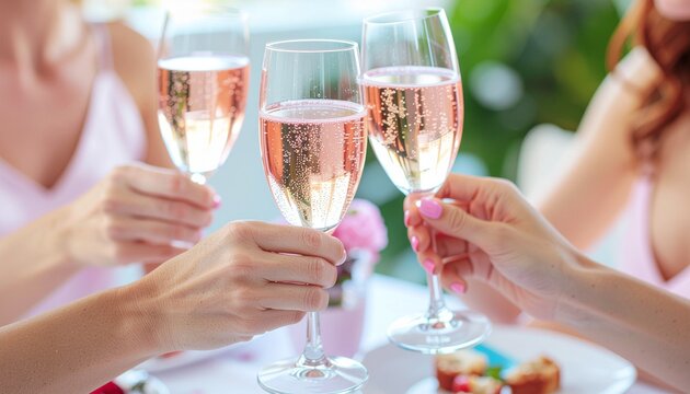 Galentine's Brunch Cheers. Valentine&rsquo;s Day - Modern Romance. Three diverse female friends raising pink champagne glasses in a toast during a fun brightly decorated Galentine's Day brunch..
