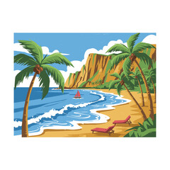 Obraz premium Beach with mountain artwork. Coastal vibes design. Ocean wave tropical art. Relaxing paradise design for t shirt print, poster, sticker, background.