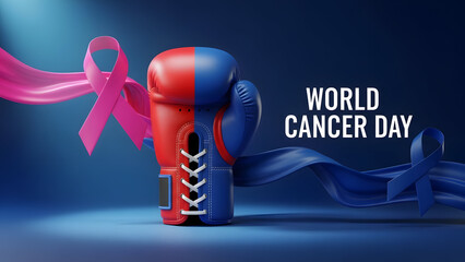 World cancer day awareness campaign with boxing gloves and pink blue ribbons on dark background