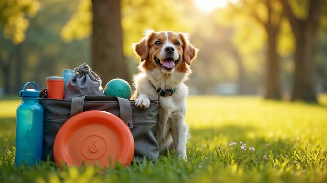 Happy dog sitting on grass with a bag of toys and accessories. Cute pet waiting for playtime in a sunny park with frisbee and water bottle. Dog walking and travel concept