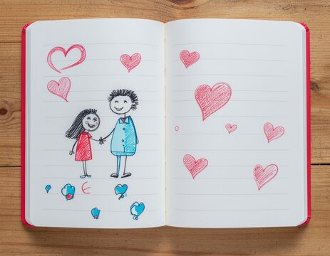 Hand-Drawn Love Doodles. Valentine&rsquo;s Day - Modern Romance. A detailed flat lay of a notebook covered in quirky hand-drawn doodles hearts and funny stick figures representing a couple's story..
