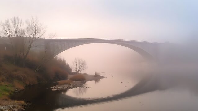 Stone arch bridge spanning river shrouded in morning mist with soft focus.