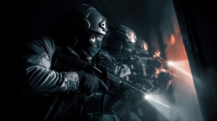 Naklejka premium Armed special forces team entering a room