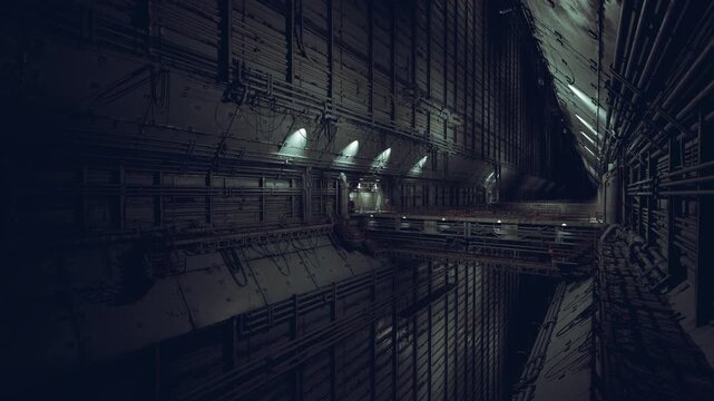 Narrow dystopian corridor illuminated by sparse wall lamps and deep shadows, emergency conduits and worn panels hint at recent activity, tense atmosphere