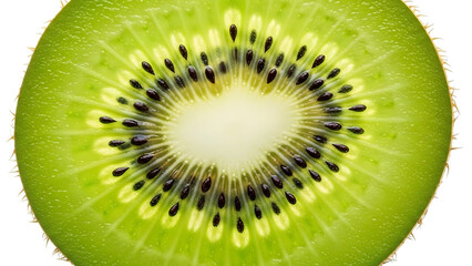Close up of a vibrant green kiwi fruit slice with black seeds macro close-up