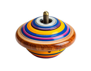 Colorful wooden spinning top with metallic spindle and layered bands
