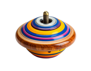Colorful wooden spinning top with metallic spindle and layered bands