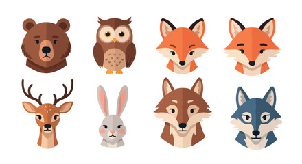 Forest animal heads flat style with transparent background