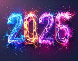 Electrified numeric year, vibrant hues, set against dark background