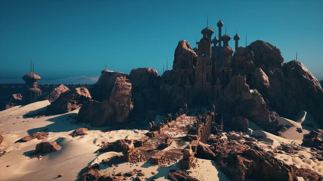 Desert rock fortress under clear sky, drone sweep reveals sandstone spires, sunlit dunes, dramatic shadows, coastal horizon and weathered ruins cinematic color