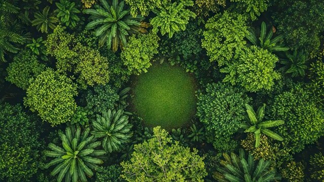 A vibrant aerial view of diverse green foliage surrounds a grassy circular clearing in the center