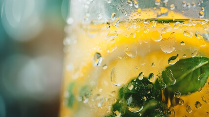 118.High-resolution close-up of condensation on a glass filled with cold lemon water, highlighting vibrant yellow hues, fresh green herbs, and a bright summer ambiance.