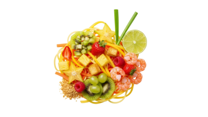 A beautifully composed fresh exotic seafood and fruit medley on a vibrant bed of golden strands a truly delicious and nutritious culinary creation